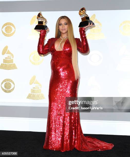 Beyonce poses in the press room at the 59th GRAMMY Awards at Staples Center on February 12, 2017 in Los Angeles, California.