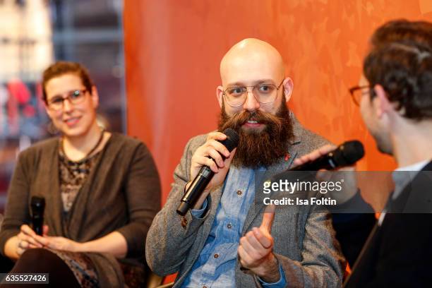 Film Editor Gesa Jaeger, producer Jakob Lass and german moderator Friedemann Karig discuss during the Berlinale Open House Panel 'The Editor's Role'...