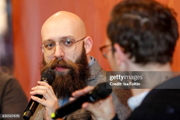 Producer Jakob Lass and german moderator Friedemann Karig discuss during the Berlinale Open House Panel 'The Editor's Role' during the 67th Berlinale...