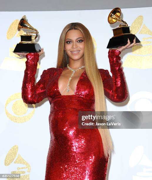 Beyonce poses in the press room at the 59th GRAMMY Awards at Staples Center on February 12, 2017 in Los Angeles, California.