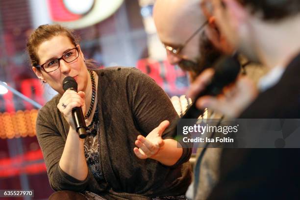 Film Editor Gesa Jaeger, producer Jakob Lass and german moderator Friedemann Karig discuss during the Berlinale Open House Panel 'The Editor's Role'...