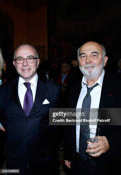 French Prime Minister Bernard Cazeneuve and Gerard Jugnot attend Francois Berleand is elevated to the rank of "Officier de la Legion d'Honneur" at...