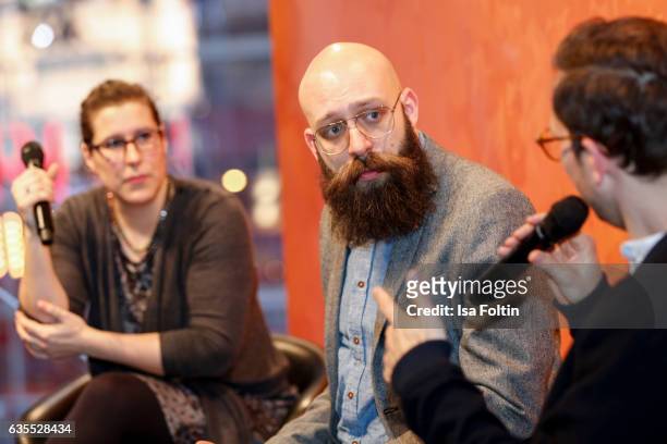 Film Editor Gesa Jaeger, producer Jakob Lass and german moderator Friedemann Karig discuss during the Berlinale Open House Panel 'The Editor's Role'...