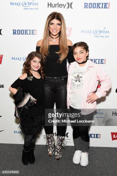 Audriana Giudice, Teresa Giudice and Milania Giudice pose backstage at the Rookie USA fashion show during New York Fashion Week: The Shows at Gallery...