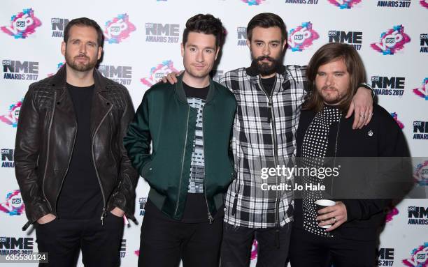 Will Farquarson, Dan Smith, Kyle Simmons and Chris Wood of Bastille arrive at the VO5 NME awards 2017 on February 15, 2017 in London, United Kingdom.