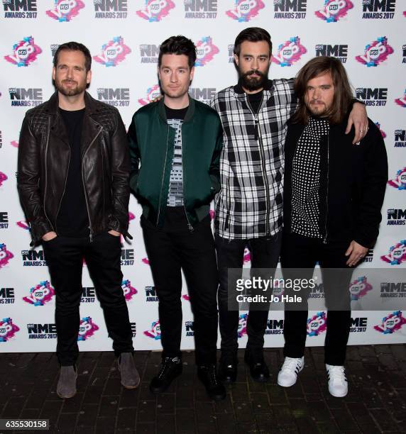 Will Farquarson, Dan Smith, Kyle Simmons and Chris Wood of Bastille arrive at the VO5 NME awards 2017 on February 15, 2017 in London, United Kingdom.