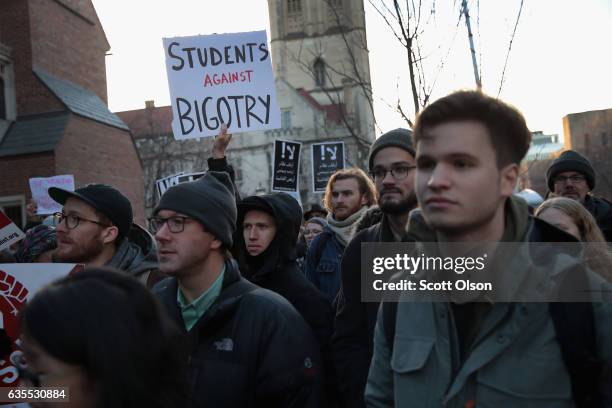 Demonstrators protest a visit by Corey Lewandowski, President Donald Trump's former campaign manager, at the University of Chicago on February 15,...