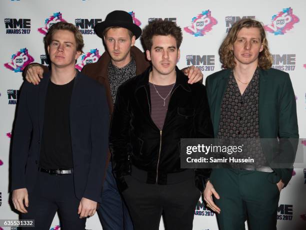 Colin Jones, Sam Rourke, Kieran Shudall and Joe Falconer of Circa Waves arrives at the VO5 NME awards 2017 on February 15, 2017 in London, United...