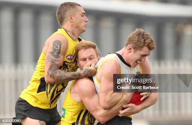 Dustin Martin tackles Jacob Townsend during the Richmond Tigers AFL Intra-Club Match at Punt Road Oval on February 16, 2017 in Melbourne, Australia.