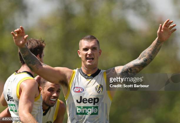 Dustin Martin celebrates winning the Richmond Tigers AFL Intra-Club Match at Punt Road Oval on February 16, 2017 in Melbourne, Australia.