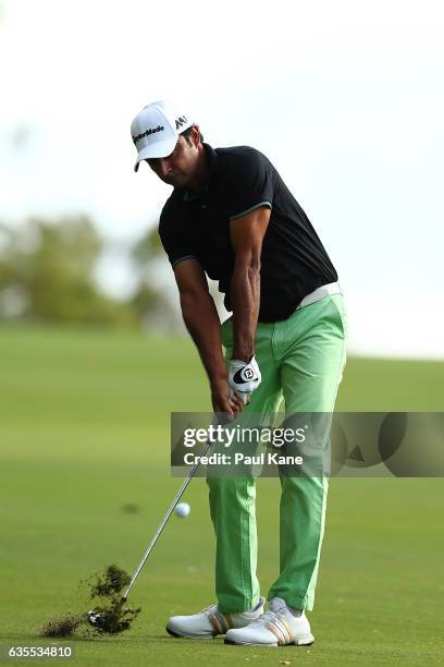 Jyoti Randhawa of India plays his second shot on the 13th hole during round one of the ISPS HANDA World Super 6 at Lake Karrinyup Country Club on...