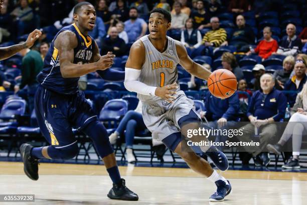 Toledo Rockets guard Jonathan Williams drives the baseline during a regular season basketball game between the Kent State Golden Flashes and the...