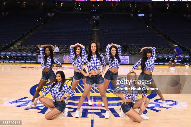 The Golden State Warriors dance team is seen before the game against the Sacramento Kings on February 15, 2017 at ORACLE Arena in Oakland,...