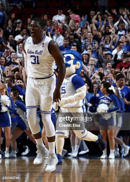 Angel Delgado of the Seton Hall Pirates celebrates the win over the Creighton Bluejays on February 15, 2017 at Prudential Center in Newark, New...