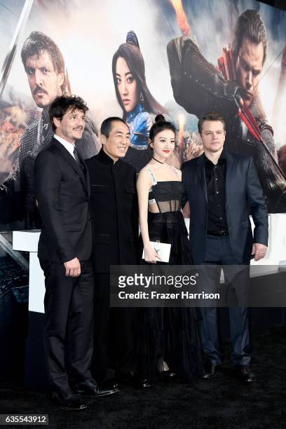 Actor Pedro Pascal, director Zhang Yimou, and actors Jing Tian and Matt Damon attend the premiere of Universal Pictures' "The Great Wall" at TCL...