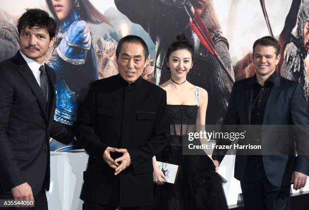 Actor Pedro Pascal, director Zhang Yimou, and actors Jing Tian and Matt Damon attend the premiere of Universal Pictures' "The Great Wall" at TCL...