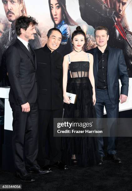 Actor Pedro Pascal, director Zhang Yimou, and actors Jing Tian and Matt Damon attend the premiere of Universal Pictures' "The Great Wall" at TCL...