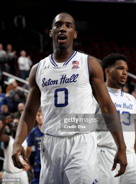 Khadeen Carrington of the Seton Hall Pirates celebrates after he shoots a free throw in the final minutes of the game against the Creighton Bluejays...