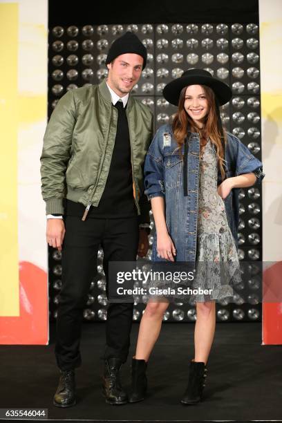 Jonas Rosenbauer and Lena Meckel wearing an outfit by KONEN during the KONEN Urban Summer Show on February 15, 2017 in Munich, Germany.