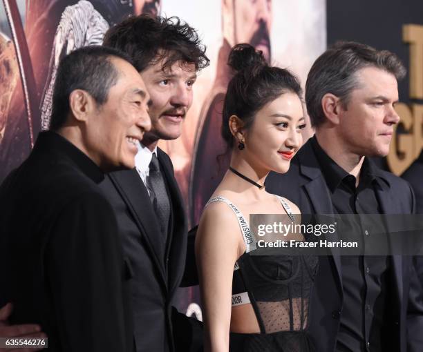 Director Zhang Yimou, and actors Pedro Pascal, Jing Tian and Matt Damon attend the premiere of Universal Pictures' "The Great Wall" at TCL Chinese...