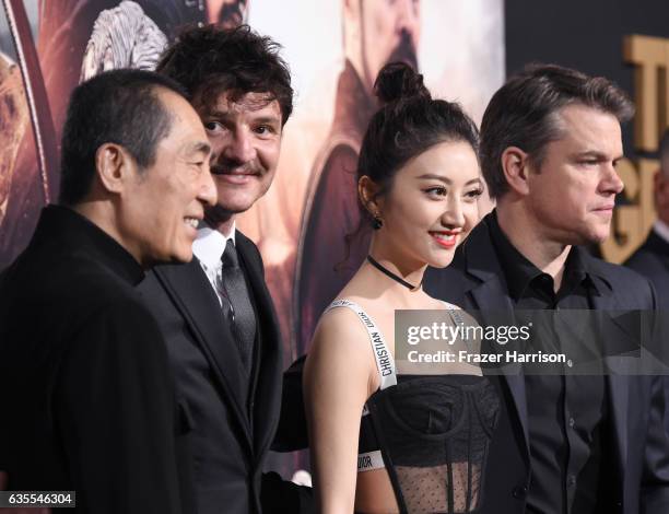 Director Zhang Yimou, and actors Pedro Pascal, Jing Tian and Matt Damon attend the premiere of Universal Pictures' "The Great Wall" at TCL Chinese...