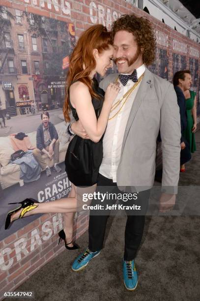 Actors Kate Gorney and T.J. Miller attend HBO's "Crashing" premiere and after party on February 15, 2017 in Los Angeles, California.