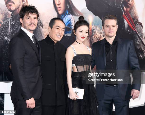 Actor Pedro Pascal, director Zhang Yimou, and actors Jing Tian and Matt Damon attend the premiere of Universal Pictures' "The Great Wall" at TCL...