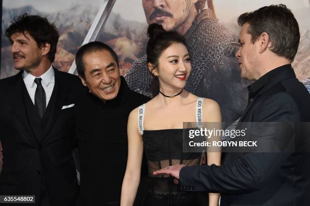 Actor Pedro Pascal, director Zhang Yimou, actress Jing Tian and Matt Damon attend the premiere of Universal Pictures' "The Great Wall," February 15...