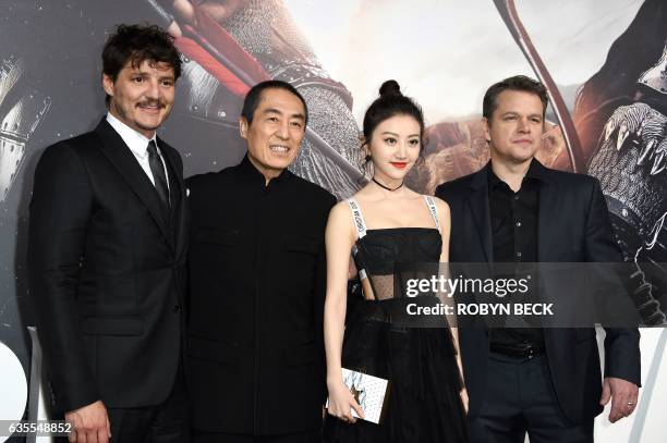 Actor Pedro Pascal, director Zhang Yimou, actress Jing Tian and Matt Damon attend the premiere of Universal Pictures' "The Great Wall," February 15...