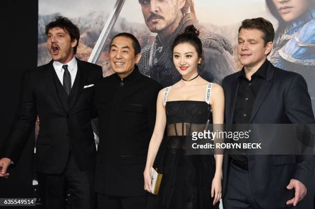 Actor Pedro Pascal, director Zhang Yimou, actress Jing Tian and Matt Damon attend the premiere of Universal Pictures' "The Great Wall," February 15...