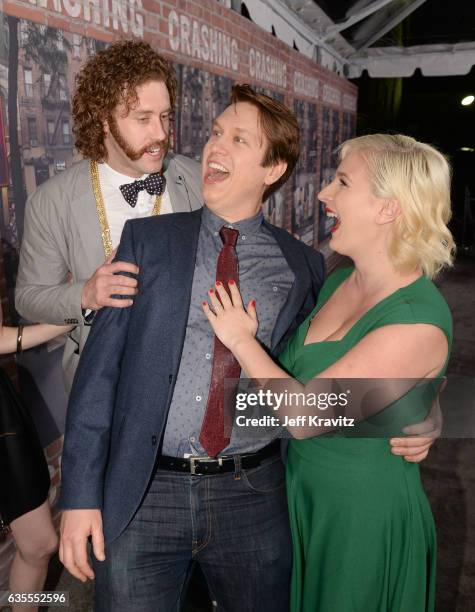 Actor T.J. Miller, Creator/Executive Producer Pete Holmes and Valerie Chaney attend HBO's "Crashing" premiere and after party on February 15, 2017 in...