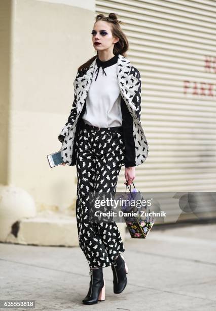 Model Mariana Zaragoza is seen wearing a cat jacket and pants outside the Anna Sui show during New York Fashion Week: Women's Fall/Winter 2017 on...