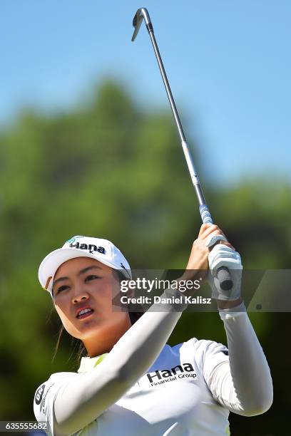 Minjee Lee of Australia plays a shot during round one of the ISPS Handa Women's Australian Open at Royal Adelaide Golf Club on February 16, 2017 in...