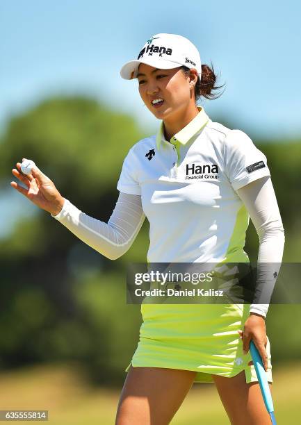 Minjee Lee of Australia reacts to the crowd during round one of the ISPS Handa Women's Australian Open at Royal Adelaide Golf Club on February 16,...