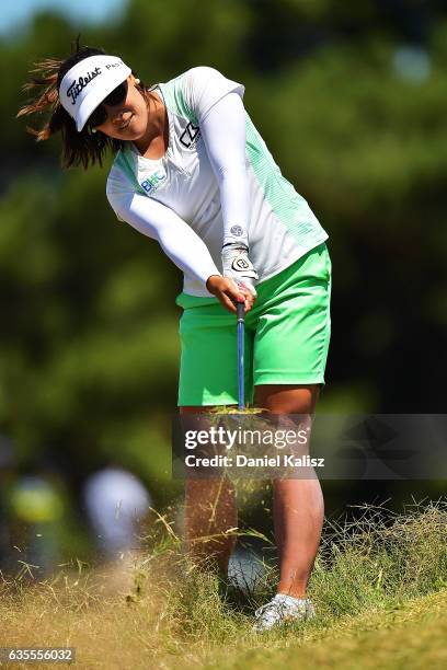 Mariajo Uribe of Columbia plays a shot during round one of the ISPS Handa Women's Australian Open at Royal Adelaide Golf Club on February 16, 2017 in...