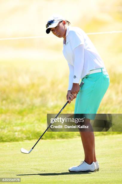 Katherine Kirk of Australia putts during round one of the ISPS Handa Women's Australian Open at Royal Adelaide Golf Club on February 16, 2017 in...