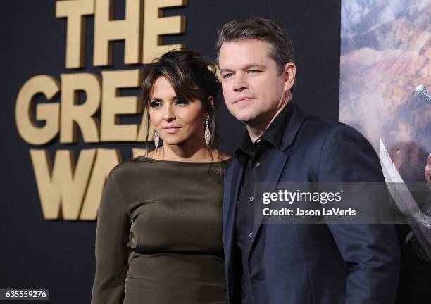 Actor Matt Damon and wife Luciana Damon attend the premiere of "The Great Wall" at TCL Chinese Theatre IMAX on February 15, 2017 in Hollywood,...