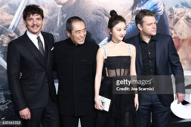 Actor Pedro Pascal, director Zhang Yimou, and actors Jing Tian and Matt Damon attend the premiere of Universal Pictures' "The Great Wall" at TCL...