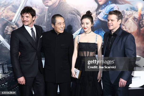 Actor Pedro Pascal, director Zhang Yimou, and actors Jing Tian and Matt Damon attend the premiere of Universal Pictures' "The Great Wall" at TCL...