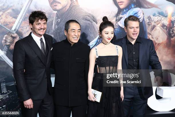 Actor Pedro Pascal, director Zhang Yimou, and actors Jing Tian and Matt Damon attend the premiere of Universal Pictures' "The Great Wall" at TCL...