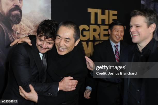 Actor Pedro Pascal, Director Zhang Yimou and Matt Damon arrive at the premiere of Universal Pictures' "The Great Wall" at TCL Chinese Theatre IMAX on...