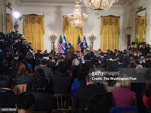 Donald Trump and Israeli Prime Minister Benjamin Netanyahu hold a joint press conference at the White House on Wednesday, February 15, 2017.
