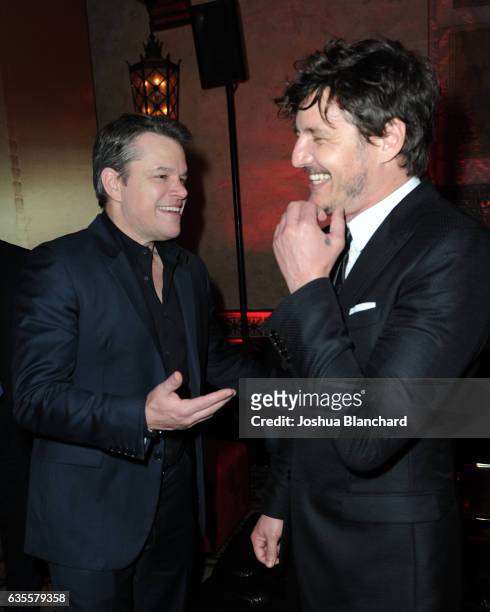 Actors Matt Damon and Pedro Pascal attend the after party premiere of Universal Pictures' "The Great Wall" After Party on February 15, 2017 in...