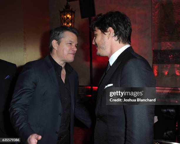 Actors Matt Damon and Pedro Pascal attend the after party premiere of Universal Pictures' "The Great Wall" After Party on February 15, 2017 in...