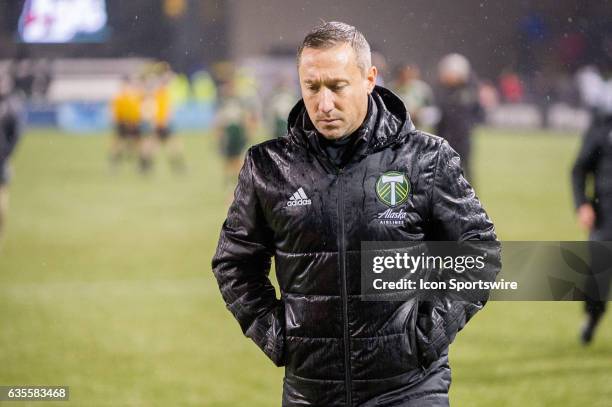 Portland Timbers head coach Caleb Porter at the end of the first half of the Portland preseason tournament between the Portland Timbers and Vancouver...