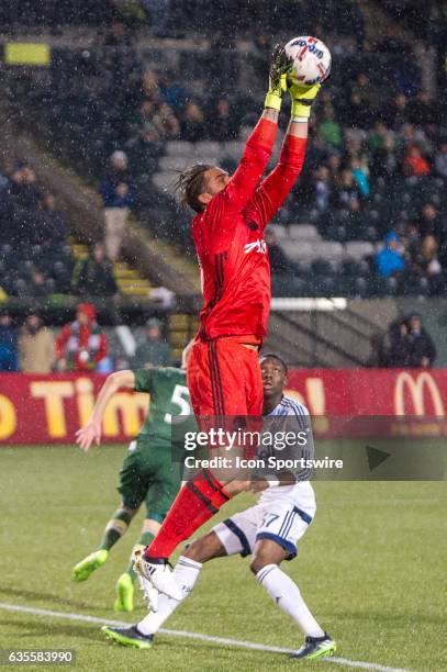 Portland Timbers keeper Jake Gleeson intercepts a cross during the Portland preseason tournament between the Portland Timbers and Vancouver Whitecaps...