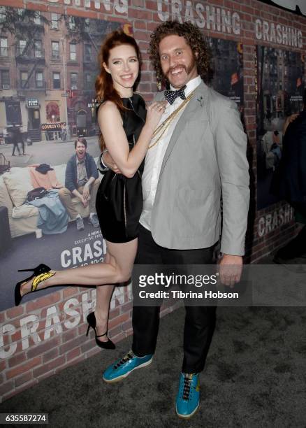 Kate Gorney and T.J. Miller attend the premiere of HBO's 'Crashing' at Avalon on February 15, 2017 in Hollywood, California.