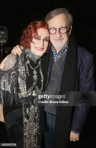 Glenn Close as "Norma Desmond" and Steven Spielberg pose backstage at the matinee of the hit musical "Sunset Boulevard" on Broadway at The Palace...