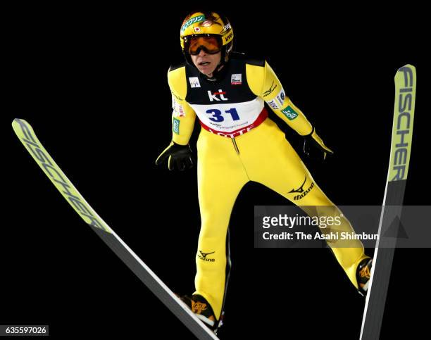 Noriaki Kasai of Japan competes in the first jump during the Men's Normal Hill during day one of the FIS Ski Jumping World Cup PyeongChang at...