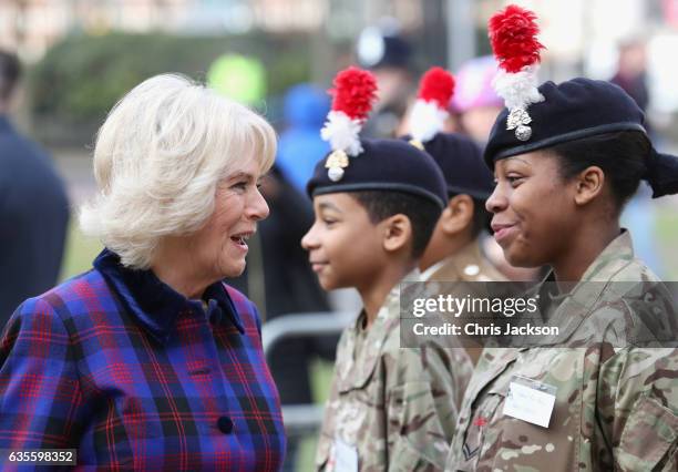 Camilla, Duchess of Cornwall meets members of the Army Cadets as she arrives with Prince Charles, Prince of Wales during their visit to the Black...